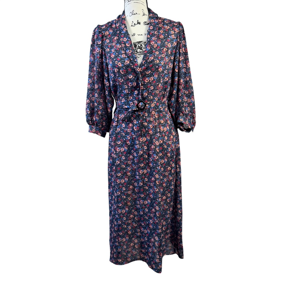 Vintage You Too Babes Floral Midi Dress Belted Puff Sleeve Sheer Cottagecore M